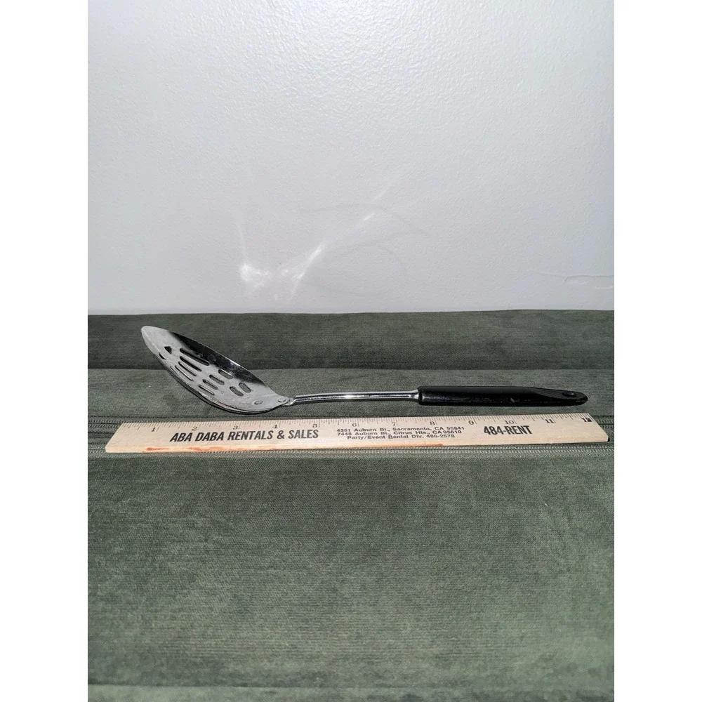 Vintage Ekco Slotted Serving Spoon Chrome Plated Black‎ Plastic Handle